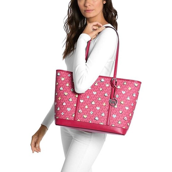 New Michael Kors Jet Set Large Printed Signature Logo Tote Bag Dark Raspberry - Picture 2 of 5